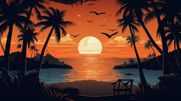 Palm Paradise krajobraz wyspy o zachodzie słońca z generatywną sztuczną inteligencją
