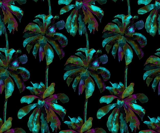 Palm Pattern. Exotic Watercolor Seamless Pattern. Hawaiian Tropical Print. Swimwear Design With Palm Trees. Exotics Leaves Rapport. Watercolor Botanical Seamless Background. Banana and Coconut Trees.