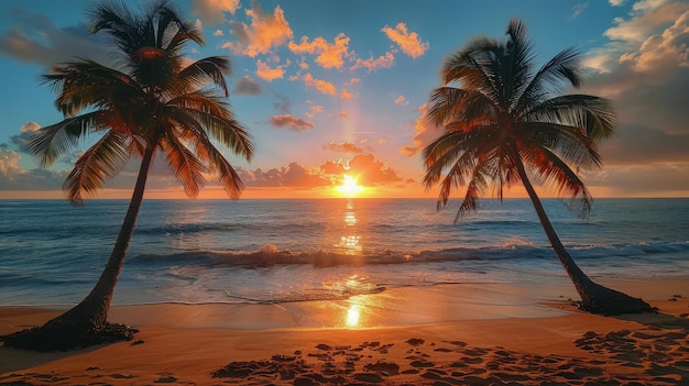 Palma na plaży o zachodzie słońca