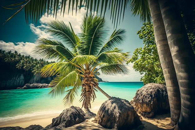 Zdjęcie palma na plaży z błękitnym niebem i morzem w tle