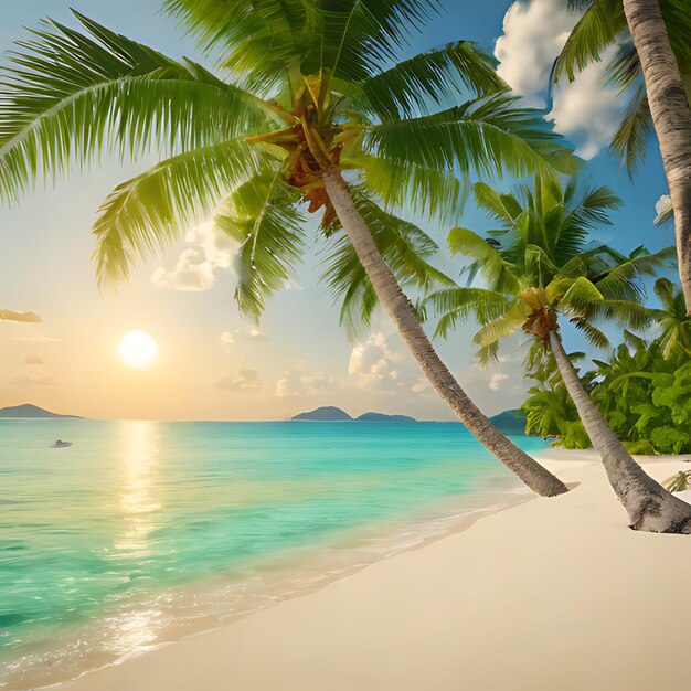 Zdjęcie palma na plaży z łodzią na tle