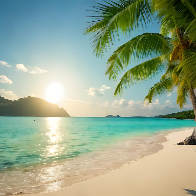 palma na plaży z słońcem świecącym przez chmury