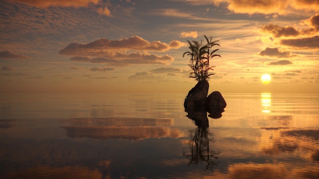 palma na wyspie pośrodku oceanu, ilustracja 3D, renderowanie cg