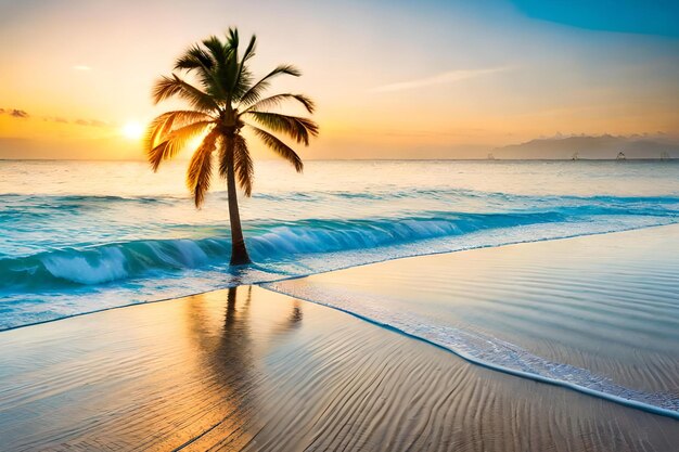 Palma stoi na plaży o zachodzie słońca.