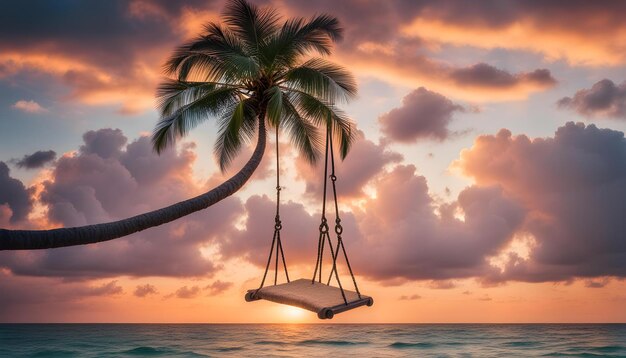 Zdjęcie palma wisi nad oceanem, a niebo jest pięknym zachodem słońca.