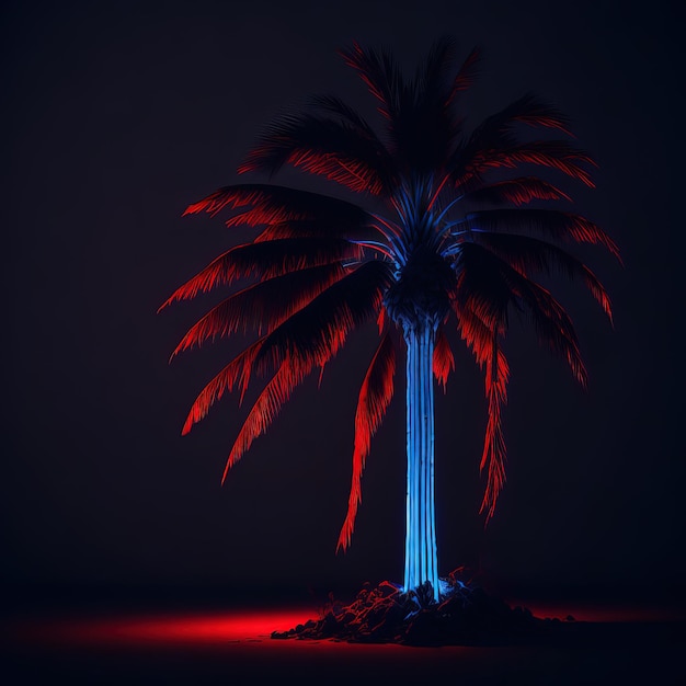 Palma z czerwonymi i niebieskimi światłami świeci w ciemnym pokoju.