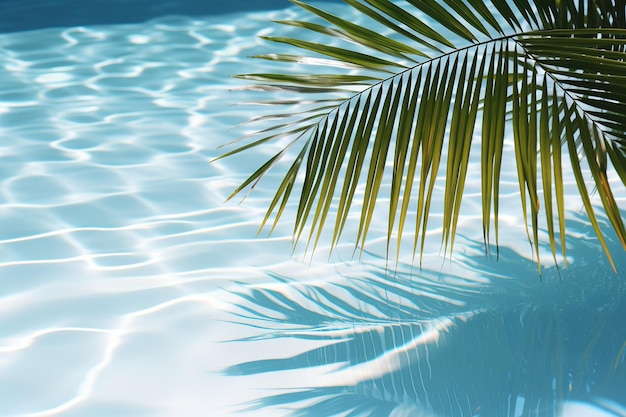 Palmowy liść i niebieska woda w basenie Latnie tło