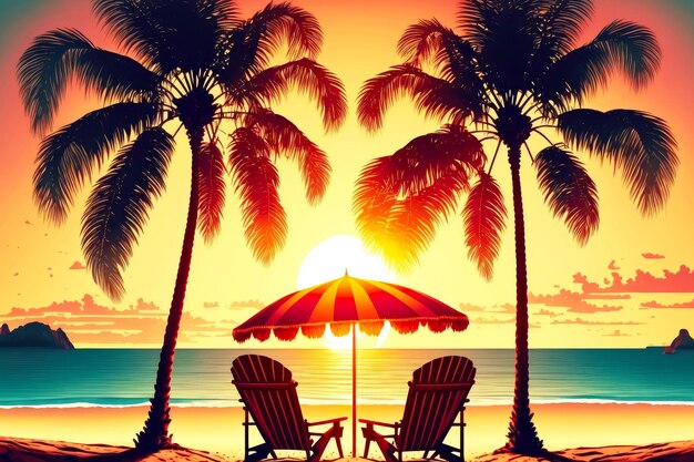 Palmy i plaża o zachodzie słońca na tropikalnej wyspie Malediwy