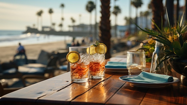 Palmy jedzenie i napoje przy stołach na pięknej plaży