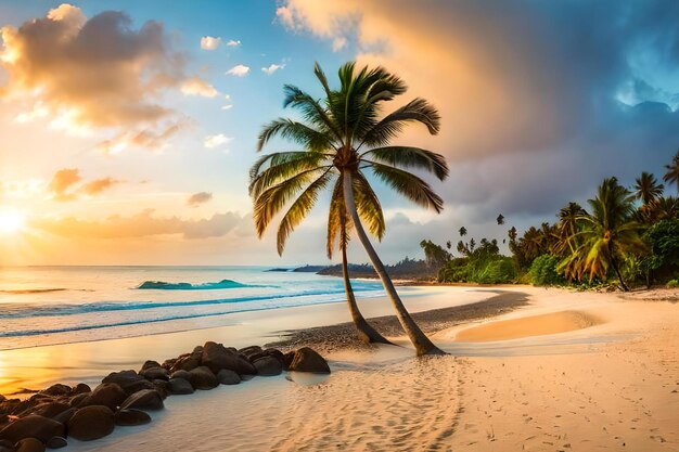 Palmy na plaży o zachodzie słońca