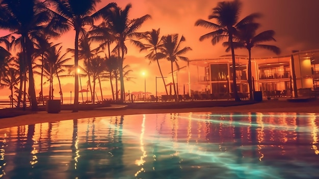 Palmy na plaży w nocy w stylu jasnego pomarańczowego i jasnego akwamarynu