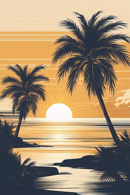 palmy na plaży z zachodem słońca i słońcem w tle.
