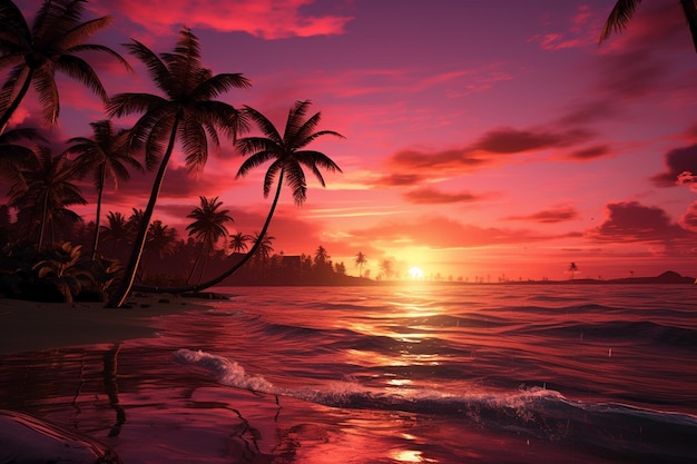 palmy na różowym niebie o zachodzie słońca