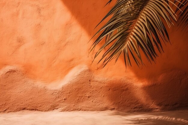 Palmy opuszczają cienie na terakotowej pomarańczowej ścianie na abstrakcyjnym tle