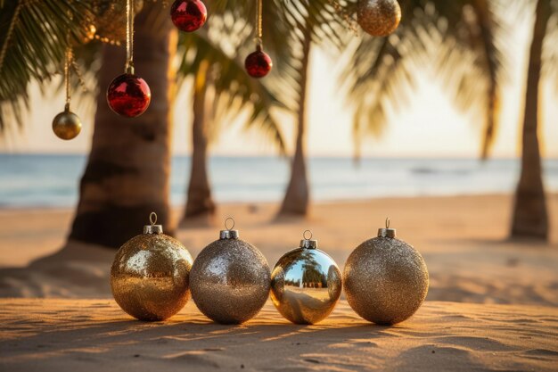 Palmy ozdobione świątecznymi dekoracjami na tle plaży z pustym miejscem na tekst