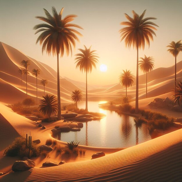 Palmy są na pustyni, a woda jest pustynną sceną.