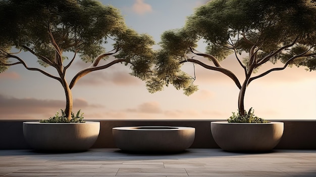 Zdjęcie palmy w betonowych garnkach nowoczesny projekt krajobrazu 3d wizualizacja architektury betonowej