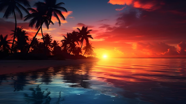 Palmy w sylwetce na tle tętniącego życiem zachodu słońca na plaży