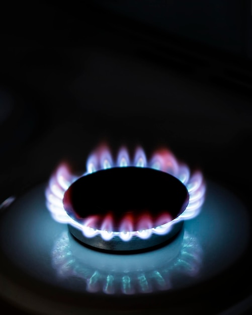 Palnik gazowy na kuchence Selektywne skupienie Niebieski gaz propan pali się na kuchennej kuchence gazowej konsumencki gaz ziemny