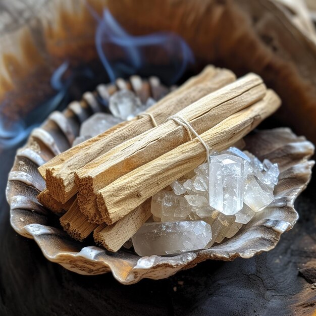 Palo Santo z czystymi naturalnymi kryształami w muszli morskiej Medytacja aromaterapia koncepcja zdrowia