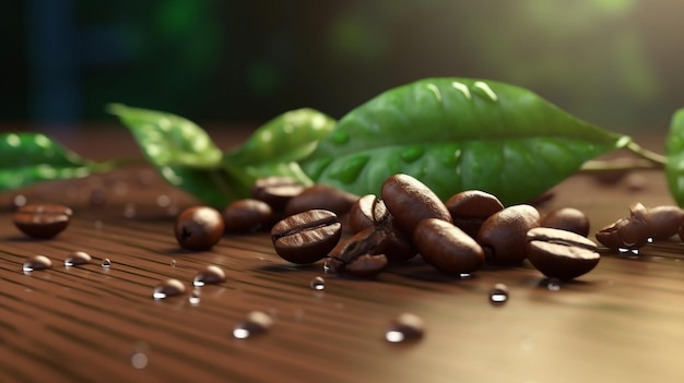 Palone ziarna kawy na drewnianym tle Ziarna kawy z ilustracji liści Generative AI