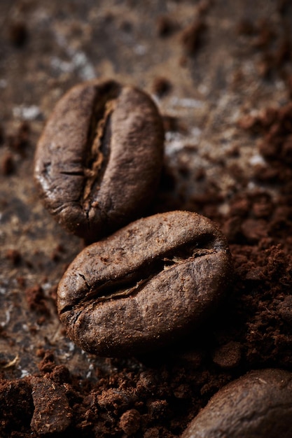 Palone ziarna kawy różne sortowanie ziemi i całe izolowane zbliżenie na brązowym tle grunge