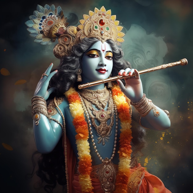 Pan Krishna gra na flecie z okazji festiwalu Janmashtami w Indiach Ai Generated