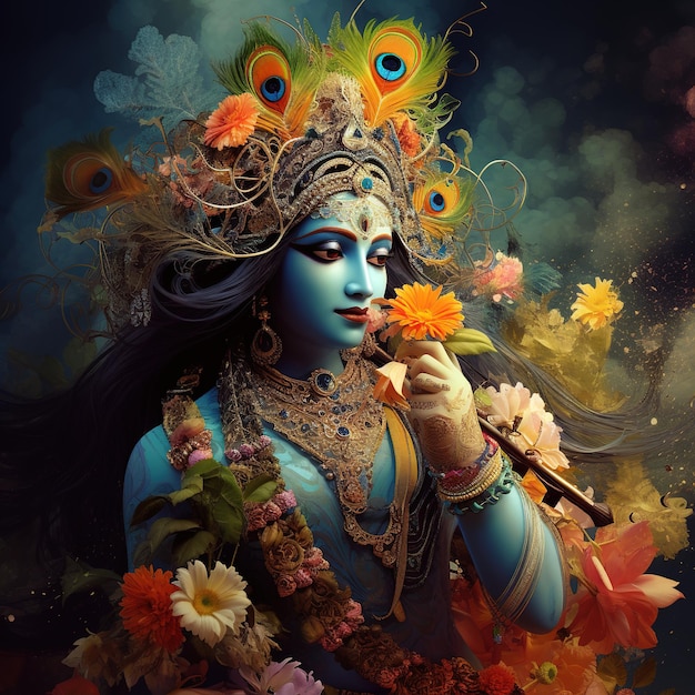 Pan Krishna gra na flecie z okazji festiwalu Janmashtami w Indiach Ai Generated