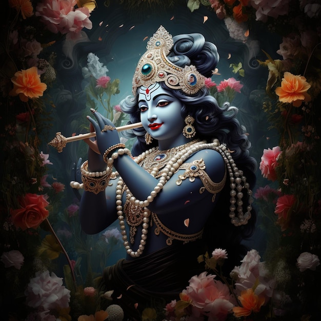 Pan Krishna gra na flecie z okazji festiwalu Janmashtami w Indiach Ai Generated