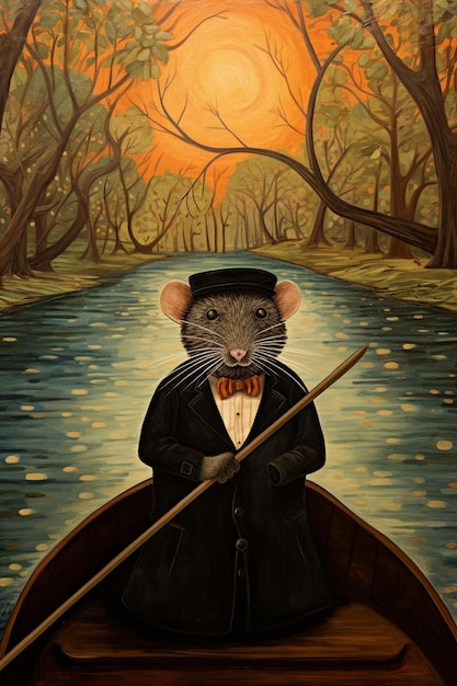 Zdjęcie pan szczur w garniturze w łodzi rowerowej idący w dół rzeki