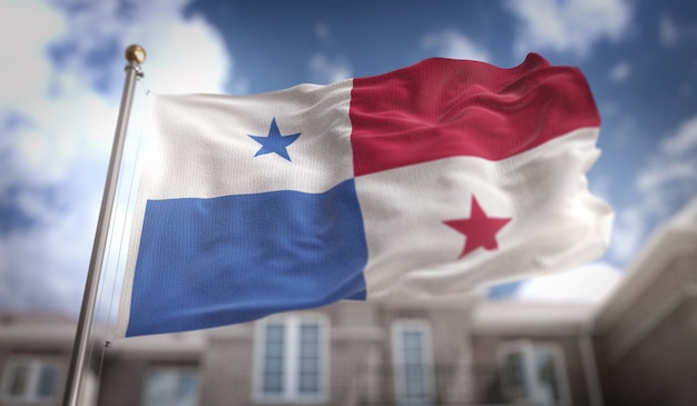 Panama Flag 3D Rendering na tle błękitne niebo budynku