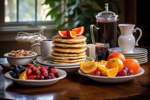 Pancake na śniadanie z kawą i owocami