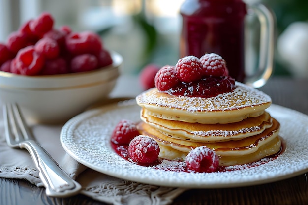 Pancake z dżemem malinowym z shake'em na talerzach