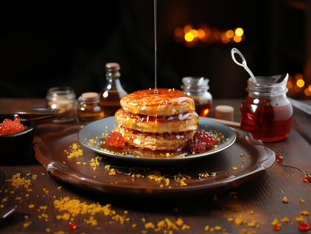 Pancake z miodem na talerzu na niewyraźnym tle Generatywna sztuczna inteligencja