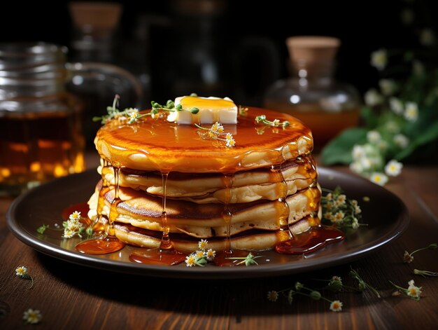 Pancake z miodem na talerzu na niewyraźnym tle Generatywna sztuczna inteligencja