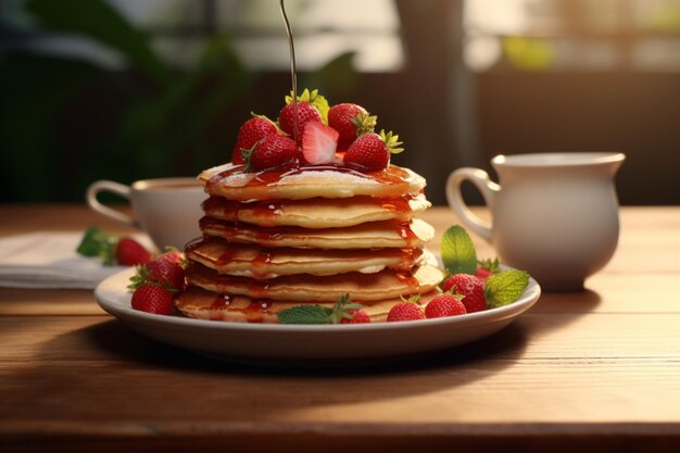 Zdjęcie pancake z truskawkami stanowią śniadanie na stole