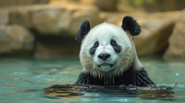 Panda cieszy się spokojnym kąpielą w chłodnym, odświeżającym basenie.