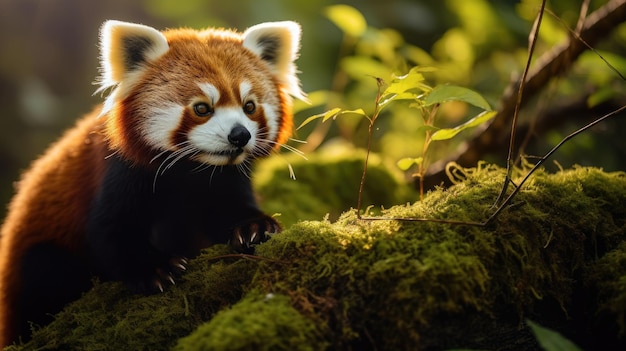 Panda czerwona siedząca na omszałej gałęzi w lesie