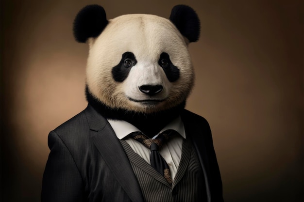 Panda Executive Gentleman w garniturze pośród cieni studyjnej sztucznej inteligencji