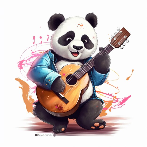 Panda gra na gitarze i nosi niebieską kurtkę.