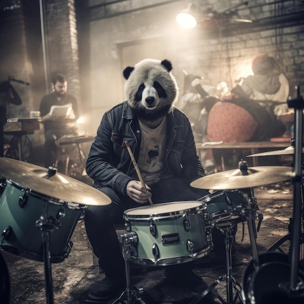 Panda gra na perkusji dla generatywnej sztucznej inteligencji zespołu rockowego