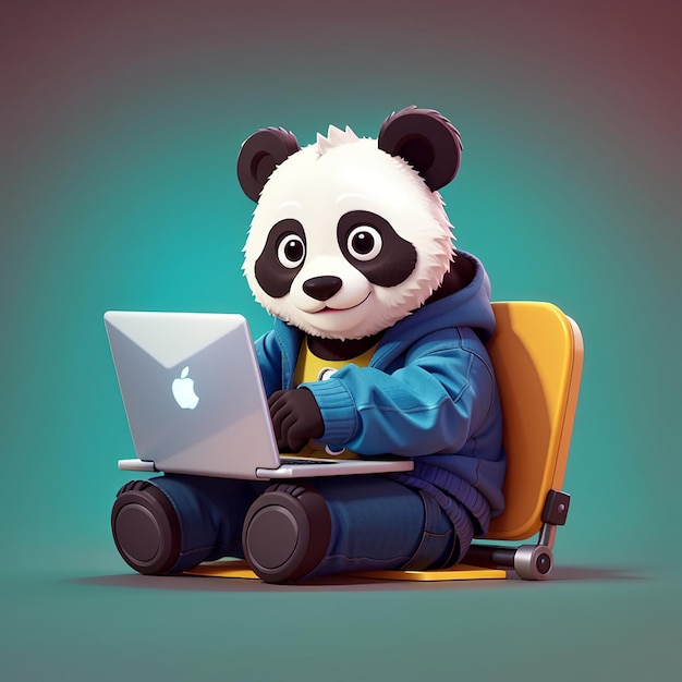 Panda hacker obsługujący laptop ilustracja ikony wektorowej kreskówki