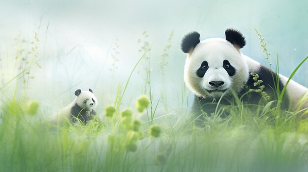 panda i młode w trawie