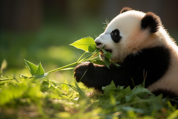 panda jedząca liście w trawie z niedźwiedziem pandą na tle