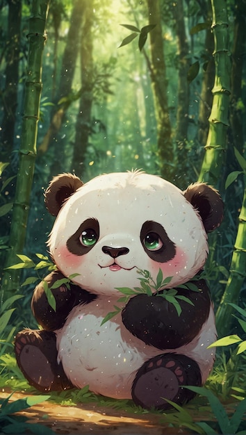 Panda karikatura comiendo bambu en bosque de bambu verde