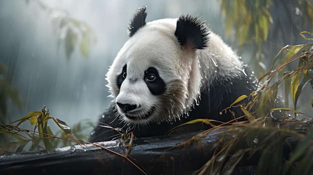 Panda, której czarno-biała sierść lśni we mgle, przeżuwa pędy bambusa w zacisznym lesie