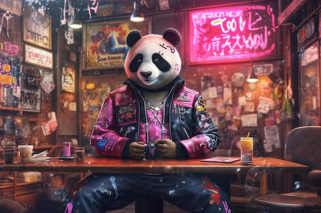 Panda różowy gangster w neonowym pasku ilustracyjnym generatywnym ai