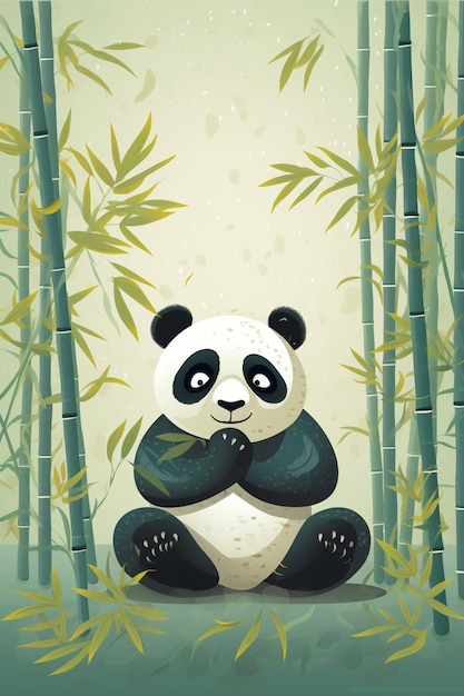 Panda siedzi w bambusowym lesie z zielonym tłem.