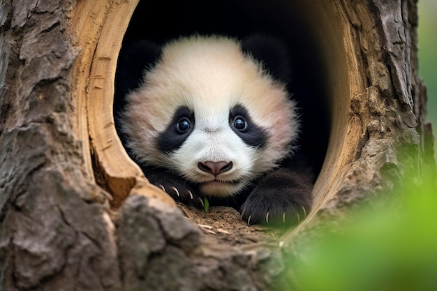 Panda siedzi w dziurze z otwartymi ustami.