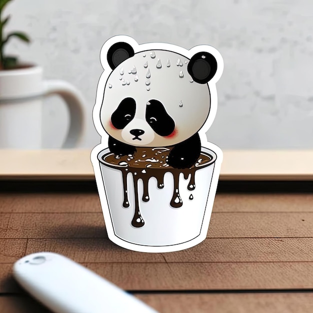 Panda siedzi w filiżance gorącej czekolady.